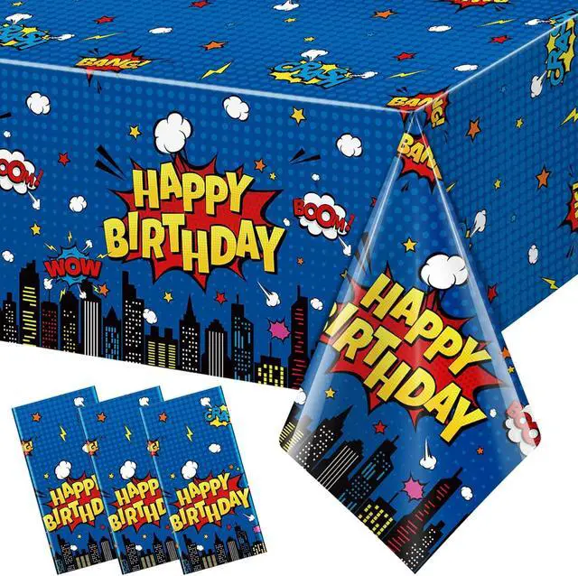 Main image of 3Pcs Hero Themed Birthday Party Tablecloths Decorations,Blue Cityscape Super Bang Plastic Table Cover Disposable Rectangle Table Cloth for Baby Shower Kids Boys Birthday Party Supplies,54x108 Inch