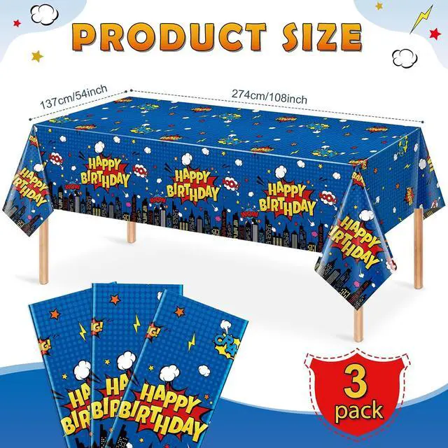 Alt view image 2 of 7 - 3Pcs Hero Themed Birthday Party Tablecloths Decorations,Blue Cityscape Super Bang Plastic Table Cover Disposable Rectangle Table Cloth for Baby Shower Kids Boys Birthday Party Supplies,54x108 Inch
