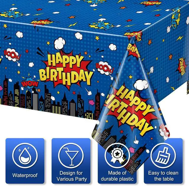 Alt view image 3 of 7 - 3Pcs Hero Themed Birthday Party Tablecloths Decorations,Blue Cityscape Super Bang Plastic Table Cover Disposable Rectangle Table Cloth for Baby Shower Kids Boys Birthday Party Supplies,54x108 Inch