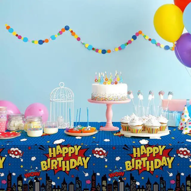 Alt view image 4 of 7 - 3Pcs Hero Themed Birthday Party Tablecloths Decorations,Blue Cityscape Super Bang Plastic Table Cover Disposable Rectangle Table Cloth for Baby Shower Kids Boys Birthday Party Supplies,54x108 Inch