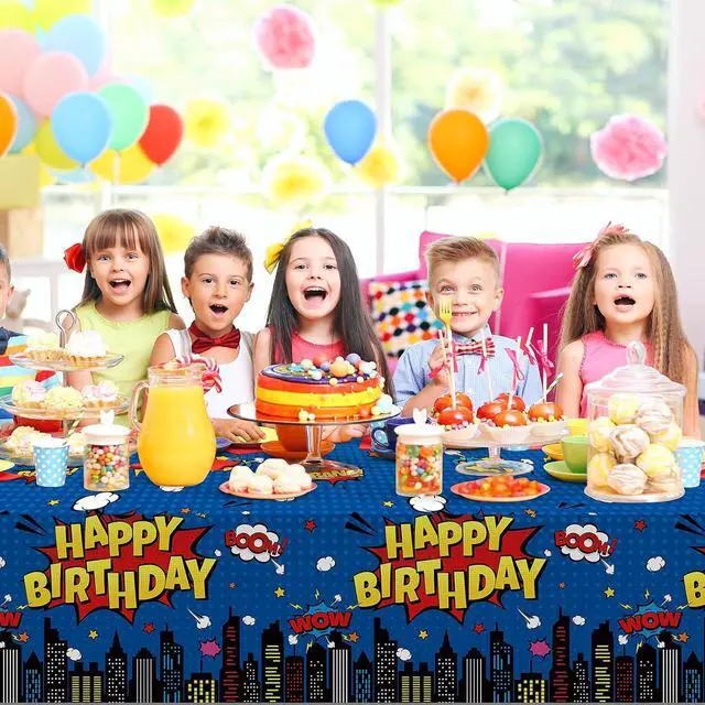 Alt view image 5 of 7 - 3Pcs Hero Themed Birthday Party Tablecloths Decorations,Blue Cityscape Super Bang Plastic Table Cover Disposable Rectangle Table Cloth for Baby Shower Kids Boys Birthday Party Supplies,54x108 Inch