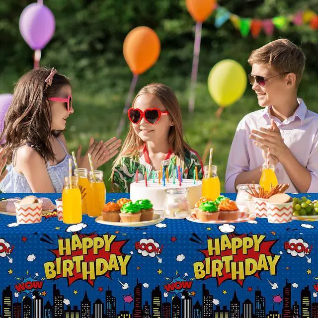 Alt view image 6 of 7 - 3Pcs Hero Themed Birthday Party Tablecloths Decorations,Blue Cityscape Super Bang Plastic Table Cover Disposable Rectangle Table Cloth for Baby Shower Kids Boys Birthday Party Supplies,54x108 Inch