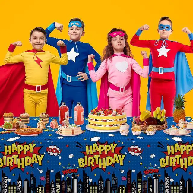 Alt view image 7 of 7 - 3Pcs Hero Themed Birthday Party Tablecloths Decorations,Blue Cityscape Super Bang Plastic Table Cover Disposable Rectangle Table Cloth for Baby Shower Kids Boys Birthday Party Supplies,54x108 Inch