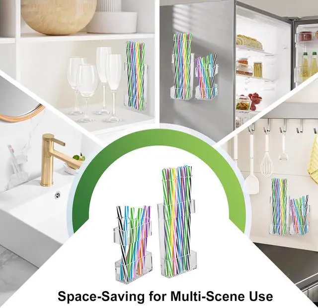 Alt view image 5 of 7 - 2 PACK Acrylic Straw Holder for Cabinet Doors, Reusable Straw Organizer with Ultra-Sticky Adhesive, Small Kitchen Accessories Container, Fits Both Short & Long Straws (Transparent)