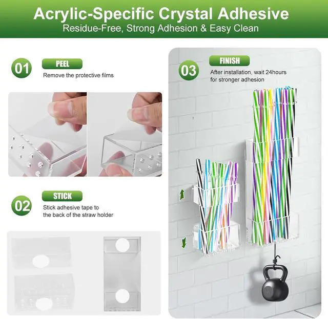 Alt view image 6 of 7 - 2 PACK Acrylic Straw Holder for Cabinet Doors, Reusable Straw Organizer with Ultra-Sticky Adhesive, Small Kitchen Accessories Container, Fits Both Short & Long Straws (Transparent)