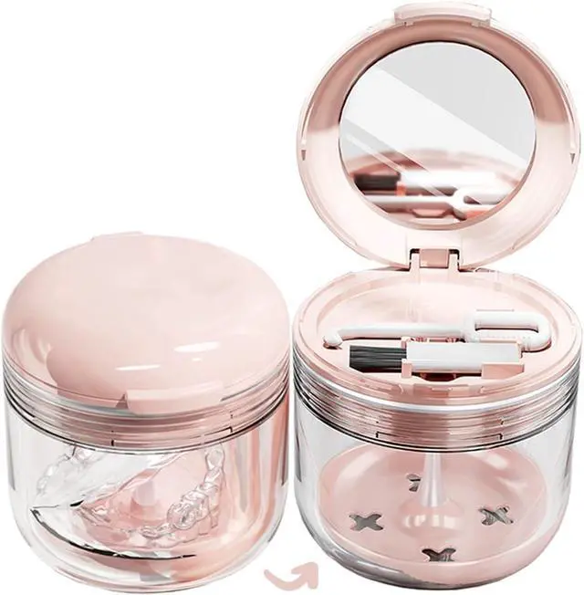 Main image of Retainer Mouth Guard Soak Container Box, Denture Bath Case with Strainer Basket, Braces Cleaner Cup Leak Proof, Travel Cleaning Storage Holder for Aligners Dental, Pink