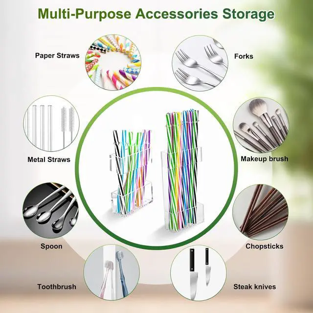 Alt view image 7 of 7 - 2 PACK Acrylic Straw Holder for Cabinet Doors, Reusable Straw Organizer with Ultra-Sticky Adhesive, Small Kitchen Accessories Container, Fits Both Short & Long Straws (Transparent)