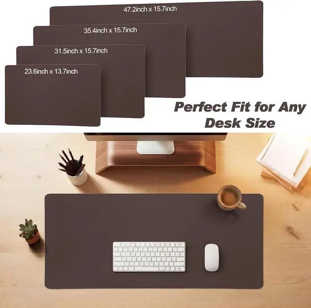 Alt view image 2 of 7 - Genuine Leather Desk Mat Large Desk Pad 35.4 x 15.7 Inch Non Slip Leather Table Protector with Stitched Edges and Rubber Base Brown Stylish Laptop Mat Smooth Writing for Workspace Home Office