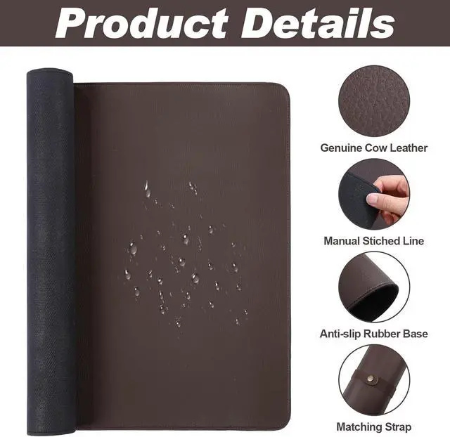 Alt view image 3 of 7 - Genuine Leather Desk Mat Large Desk Pad 35.4 x 15.7 Inch Non Slip Leather Table Protector with Stitched Edges and Rubber Base Brown Stylish Laptop Mat Smooth Writing for Workspace Home Office