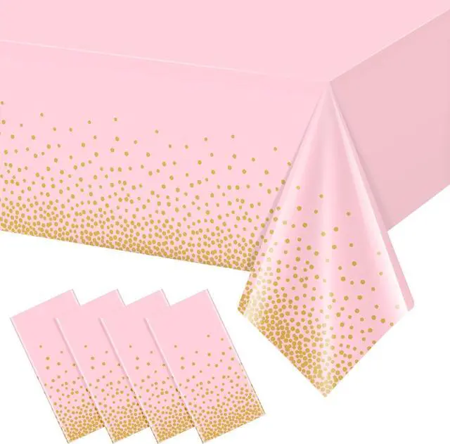 Main image of 4 Pack Pink and Gold Plastic Tablecloth for Parties, Pink Disposable Table Cloth for Rectangle Tables, Gold Dot Confetti Light Pink Tablecloth for Birthday Wedding Baby Shower Party, 54x108