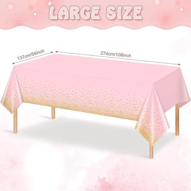 Alt view image 2 of 7 - 4 Pack Pink and Gold Plastic Tablecloth for Parties, Pink Disposable Table Cloth for Rectangle Tables, Gold Dot Confetti Light Pink Tablecloth for Birthday Wedding Baby Shower Party, 54x108