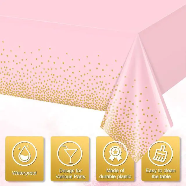 Alt view image 3 of 7 - 4 Pack Pink and Gold Plastic Tablecloth for Parties, Pink Disposable Table Cloth for Rectangle Tables, Gold Dot Confetti Light Pink Tablecloth for Birthday Wedding Baby Shower Party, 54x108