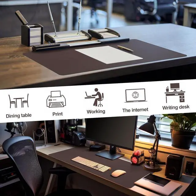 Alt view image 6 of 7 - Genuine Leather Desk Mat Large Desk Pad 35.4 x 15.7 Inch Non Slip Leather Table Protector with Stitched Edges and Rubber Base Brown Stylish Laptop Mat Smooth Writing for Workspace Home Office