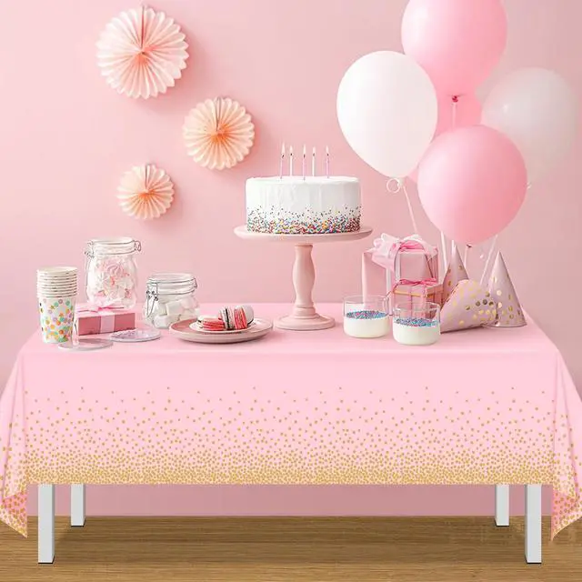 Alt view image 5 of 7 - 4 Pack Pink and Gold Plastic Tablecloth for Parties, Pink Disposable Table Cloth for Rectangle Tables, Gold Dot Confetti Light Pink Tablecloth for Birthday Wedding Baby Shower Party, 54x108