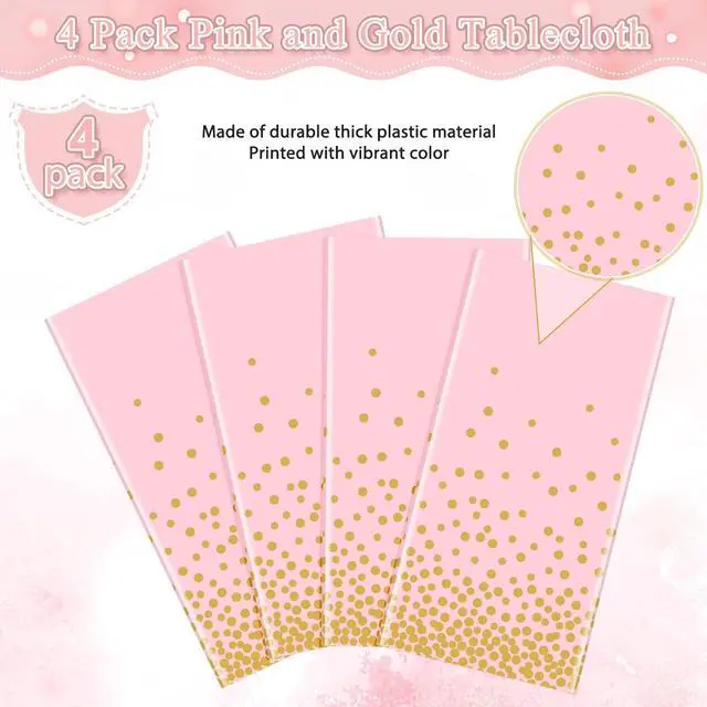 Alt view image 4 of 7 - 4 Pack Pink and Gold Plastic Tablecloth for Parties, Pink Disposable Table Cloth for Rectangle Tables, Gold Dot Confetti Light Pink Tablecloth for Birthday Wedding Baby Shower Party, 54x108