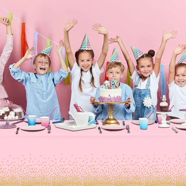 Alt view image 6 of 7 - 4 Pack Pink and Gold Plastic Tablecloth for Parties, Pink Disposable Table Cloth for Rectangle Tables, Gold Dot Confetti Light Pink Tablecloth for Birthday Wedding Baby Shower Party, 54x108