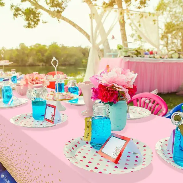 Alt view image 7 of 7 - 4 Pack Pink and Gold Plastic Tablecloth for Parties, Pink Disposable Table Cloth for Rectangle Tables, Gold Dot Confetti Light Pink Tablecloth for Birthday Wedding Baby Shower Party, 54x108