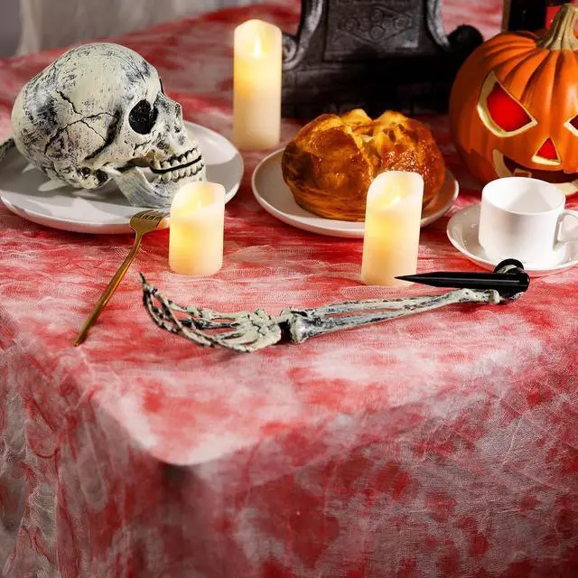 Alt view image 4 of 7 - 3Pcs Halloween Bloody Gauze Table Cover-85"x60" Bloody Handprint Tablecloth