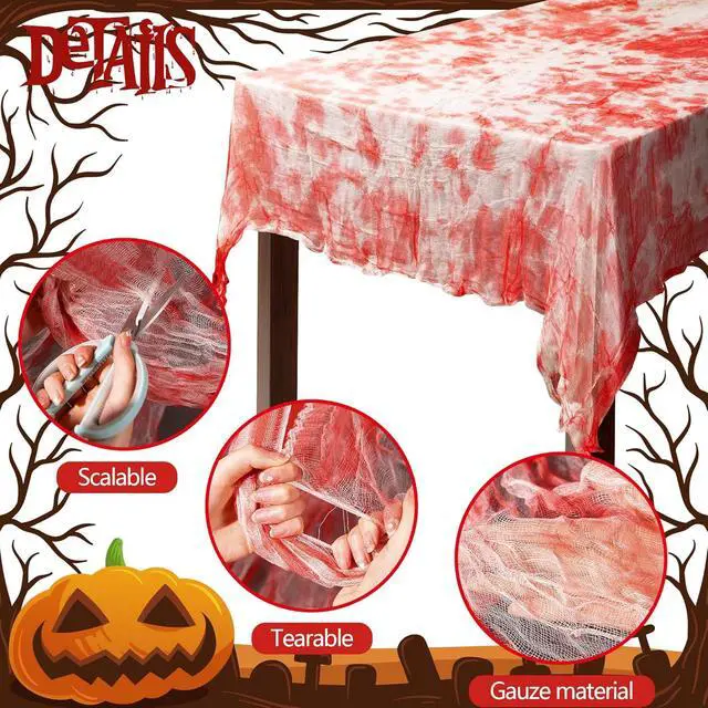 Alt view image 3 of 7 - 3Pcs Halloween Bloody Gauze Table Cover-85"x60" Bloody Handprint Tablecloth