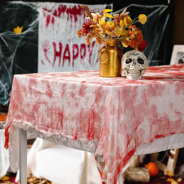 Alt view image 6 of 7 - 3Pcs Halloween Bloody Gauze Table Cover-85"x60" Bloody Handprint Tablecloth