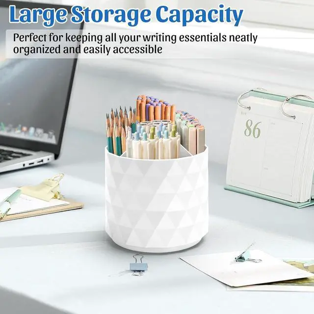 Alt view image 2 of 7 - Desk Organizer,Sparkling Diamond-like Pen Holder for Desk 360°Rotating Office Accessories,Pencil Cup with 5 Compartments Storage Box Caddy for Office,School,Home,Art Supply(White)