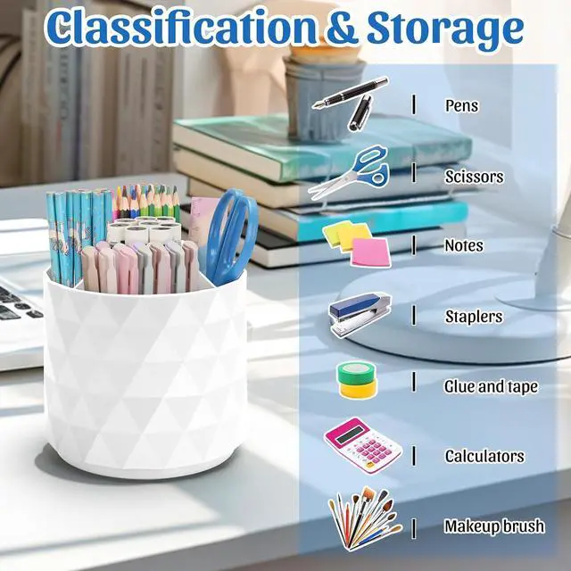 Alt view image 7 of 7 - Desk Organizer,Sparkling Diamond-like Pen Holder for Desk 360°Rotating Office Accessories,Pencil Cup with 5 Compartments Storage Box Caddy for Office,School,Home,Art Supply(White)