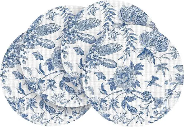 Main image of Blue Floral Vinyl Round Spring Placemats Set of 4, Washable Heat Resistant Non-Slip Woven Summer Plastic PVC Place Mats for Farmhouse Party Kitchen Dining Decor