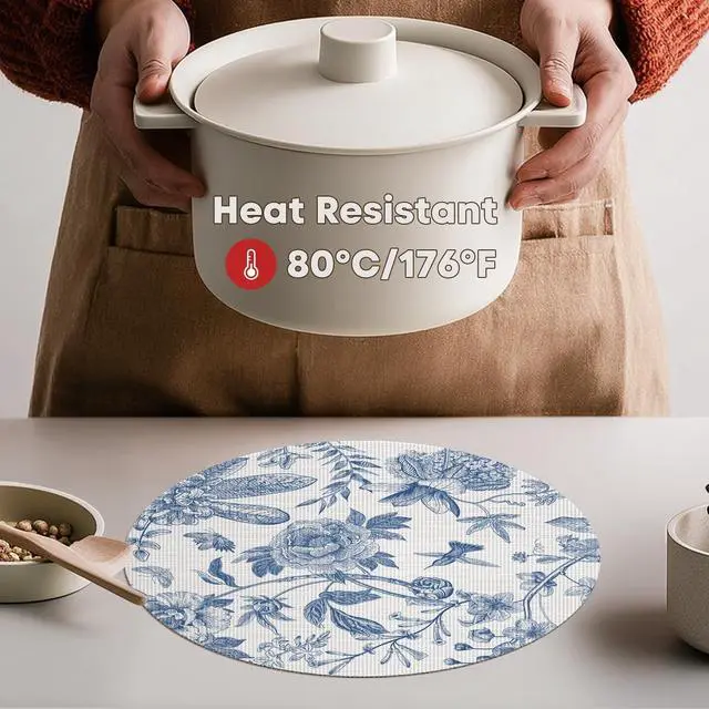 Alt view image 3 of 7 - Blue Floral Vinyl Round Spring Placemats Set of 4, Washable Heat Resistant Non-Slip Woven Summer Plastic PVC Place Mats for Farmhouse Party Kitchen Dining Decor
