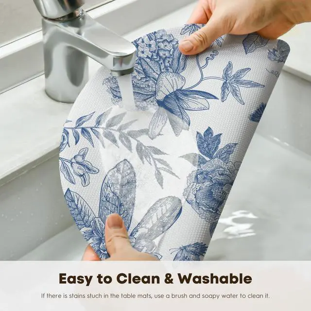 Alt view image 4 of 7 - Blue Floral Vinyl Round Spring Placemats Set of 4, Washable Heat Resistant Non-Slip Woven Summer Plastic PVC Place Mats for Farmhouse Party Kitchen Dining Decor