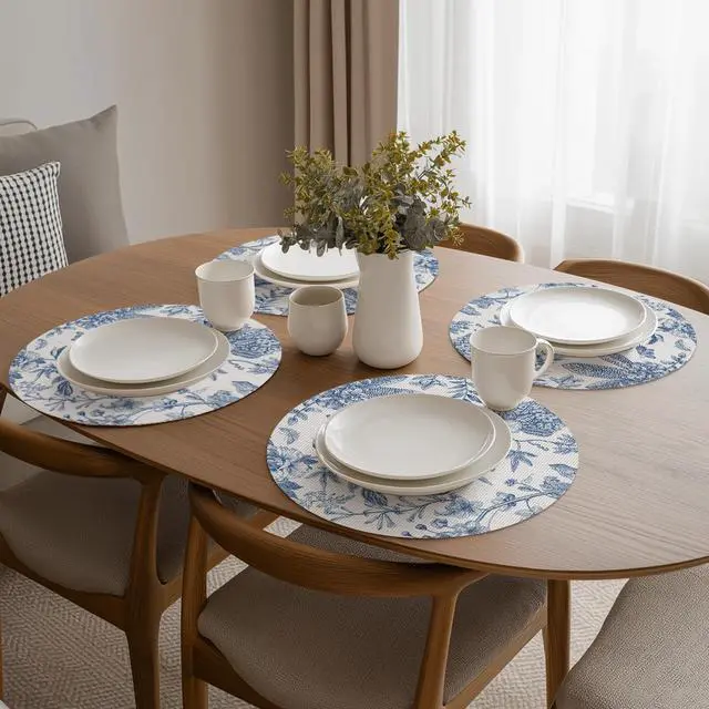 Alt view image 5 of 7 - Blue Floral Vinyl Round Spring Placemats Set of 4, Washable Heat Resistant Non-Slip Woven Summer Plastic PVC Place Mats for Farmhouse Party Kitchen Dining Decor