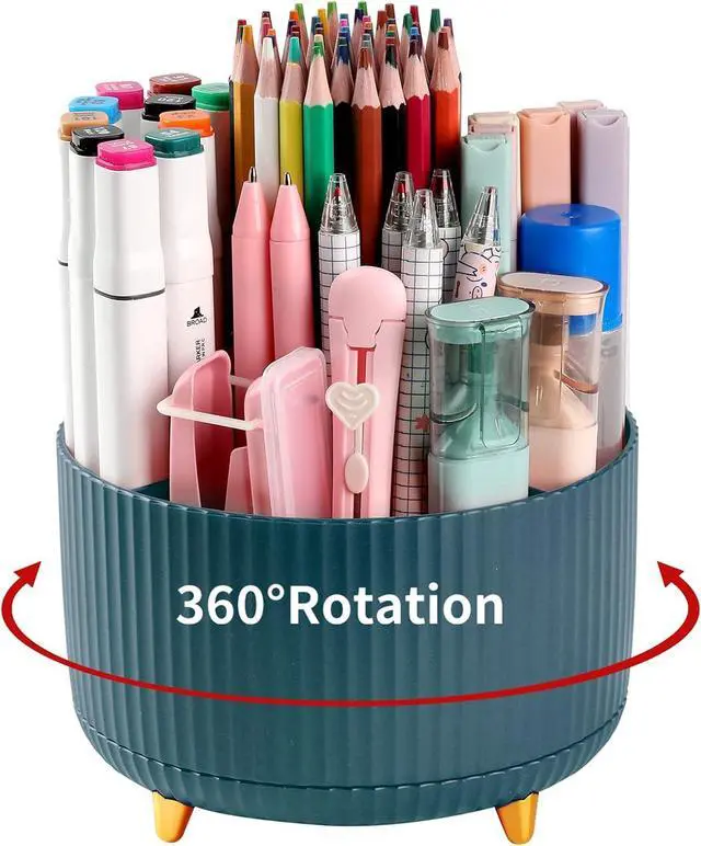 Main image of Desk Pencil Pen Holder, 5 Slots 360°Degree Rotating Pen Organizers for Desk, Desktop Storage Stationery Supplies Organizer, Cute Pencil Cup Pot for Office, School, Home, Art Supply, Dark Green