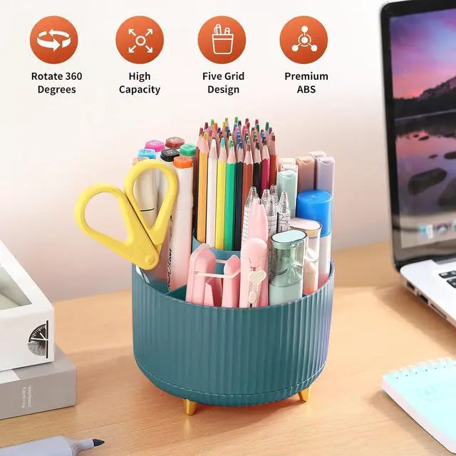 Alt view image 2 of 7 - Desk Pencil Pen Holder, 5 Slots 360°Degree Rotating Pen Organizers for Desk, Desktop Storage Stationery Supplies Organizer, Cute Pencil Cup Pot for Office, School, Home, Art Supply, Dark Green