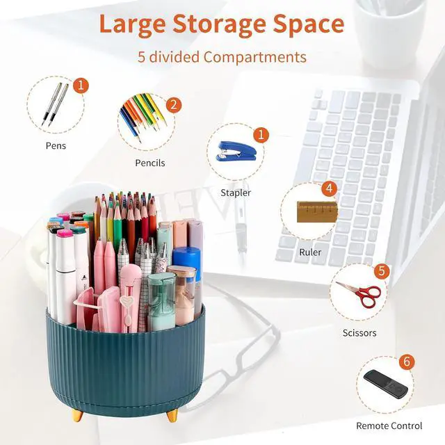 Alt view image 3 of 7 - Desk Pencil Pen Holder, 5 Slots 360°Degree Rotating Pen Organizers for Desk, Desktop Storage Stationery Supplies Organizer, Cute Pencil Cup Pot for Office, School, Home, Art Supply, Dark Green