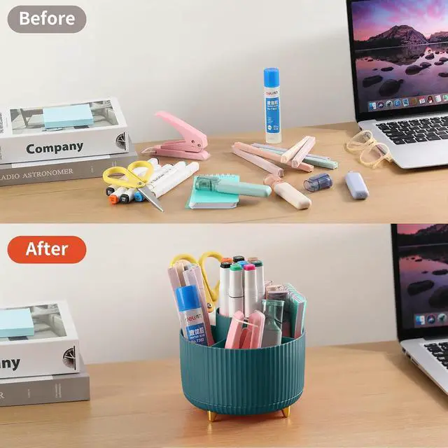 Alt view image 4 of 7 - Desk Pencil Pen Holder, 5 Slots 360°Degree Rotating Pen Organizers for Desk, Desktop Storage Stationery Supplies Organizer, Cute Pencil Cup Pot for Office, School, Home, Art Supply, Dark Green