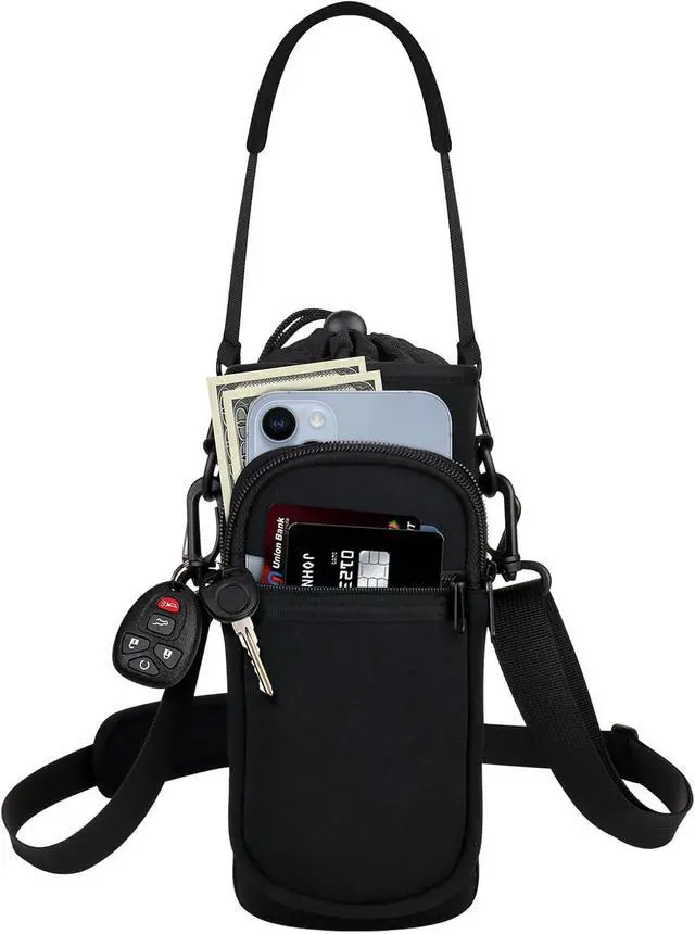 Main image of Crossbody Water Bottle Holder with Strap, Phone Pocket(Black, 32.0, Ounces)