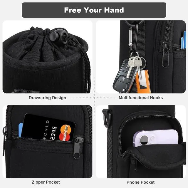 Alt view image 3 of 6 - Crossbody Water Bottle Holder with Strap, Phone Pocket(Black, 32.0, Ounces)