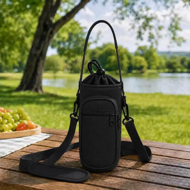 Alt view image 6 of 6 - Crossbody Water Bottle Holder with Strap, Phone Pocket(Black, 32.0, Ounces)