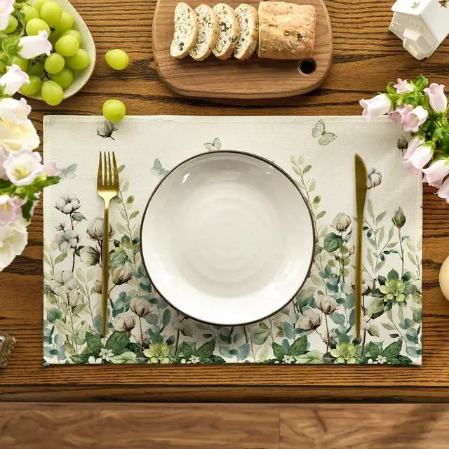 Alt view image 2 of 7 - Cotton Plant Leaf Butterfly Spring Placemats Set of 4, 12x18 Inch Seasonal Summer Holiday Table Mats for Party Kitchen Dining Decoration