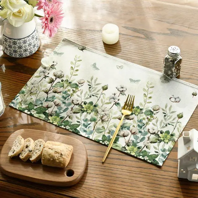 Alt view image 4 of 7 - Cotton Plant Leaf Butterfly Spring Placemats Set of 4, 12x18 Inch Seasonal Summer Holiday Table Mats for Party Kitchen Dining Decoration