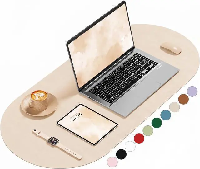 Main image of Desk Mat, 31.5" x 15" Oval PU Leather Non-Slip Desk Pad Large Mouse Pad for Desktop, Waterproof Countertop Protector Writing Mat for Office, Home, Gaming, Vanity, Beige