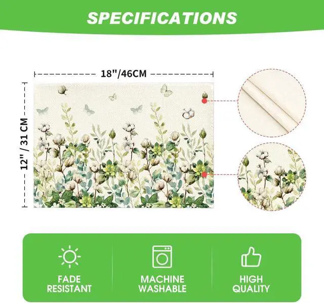 Alt view image 7 of 7 - Cotton Plant Leaf Butterfly Spring Placemats Set of 4, 12x18 Inch Seasonal Summer Holiday Table Mats for Party Kitchen Dining Decoration