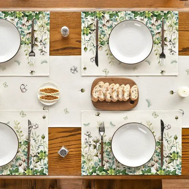 Alt view image 6 of 7 - Cotton Plant Leaf Butterfly Spring Placemats Set of 4, 12x18 Inch Seasonal Summer Holiday Table Mats for Party Kitchen Dining Decoration