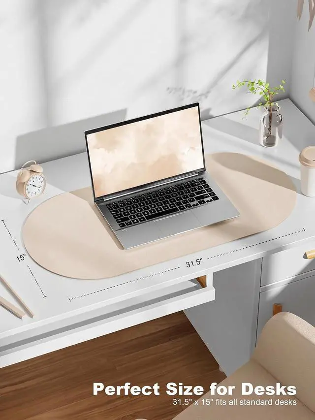 Alt view image 3 of 7 - Desk Mat, 31.5" x 15" Oval PU Leather Non-Slip Desk Pad Large Mouse Pad for Desktop, Waterproof Countertop Protector Writing Mat for Office, Home, Gaming, Vanity, Beige