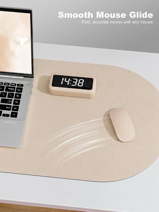 Alt view image 5 of 7 - Desk Mat, 31.5" x 15" Oval PU Leather Non-Slip Desk Pad Large Mouse Pad for Desktop, Waterproof Countertop Protector Writing Mat for Office, Home, Gaming, Vanity, Beige