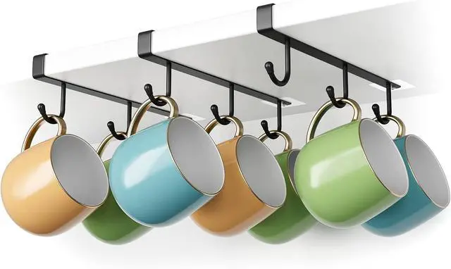 Main image of Coffee Mug Holder Under Cabinet Only Fits Shelves up to 3/4" Thick, Clip-On Coffee Cup Holder Pack of 3, No Drilling Free Damage