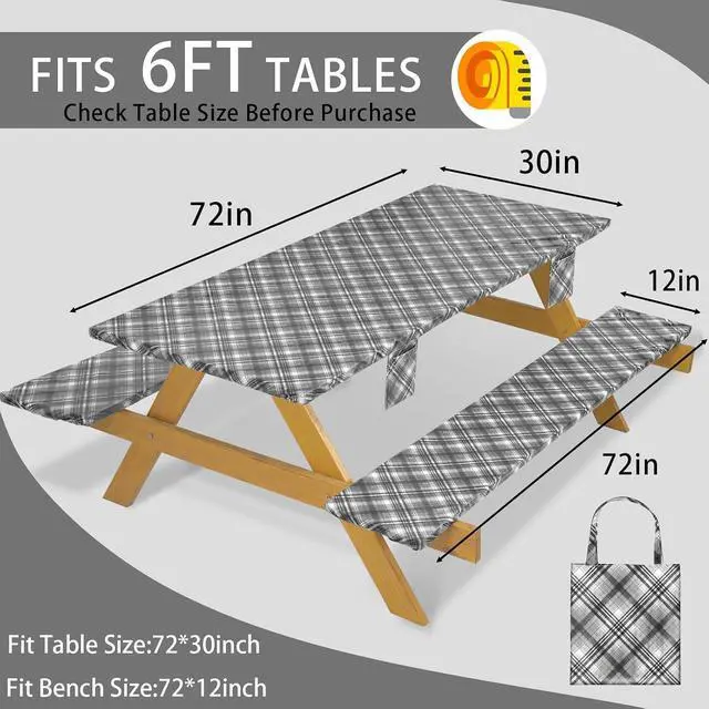 Alt view image 2 of 7 - Fitted Waterproof Picnic Table Cover with Bench Covers Heavy Duty Elastic Outdoor Camping Tablecloth for 6 Foot Rectangle Tables Summer Rv Accessories Patio Garden Road Trip Essentials Gifts