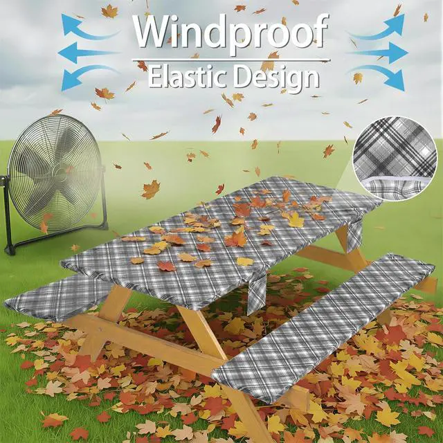 Alt view image 5 of 7 - Fitted Waterproof Picnic Table Cover with Bench Covers Heavy Duty Elastic Outdoor Camping Tablecloth for 6 Foot Rectangle Tables Summer Rv Accessories Patio Garden Road Trip Essentials Gifts