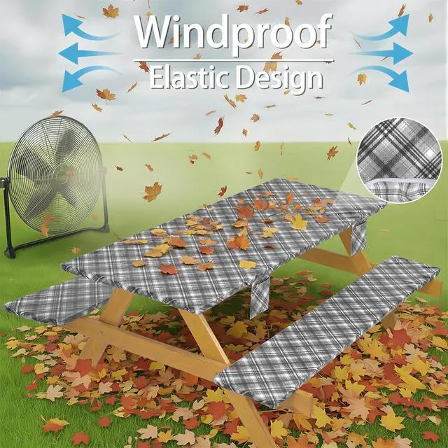 Alt view image 6 of 7 - Fitted Waterproof Picnic Table Cover with Bench Covers Heavy Duty Elastic Outdoor Camping Tablecloth for 6 Foot Rectangle Tables Summer Rv Accessories Patio Garden Road Trip Essentials Gifts