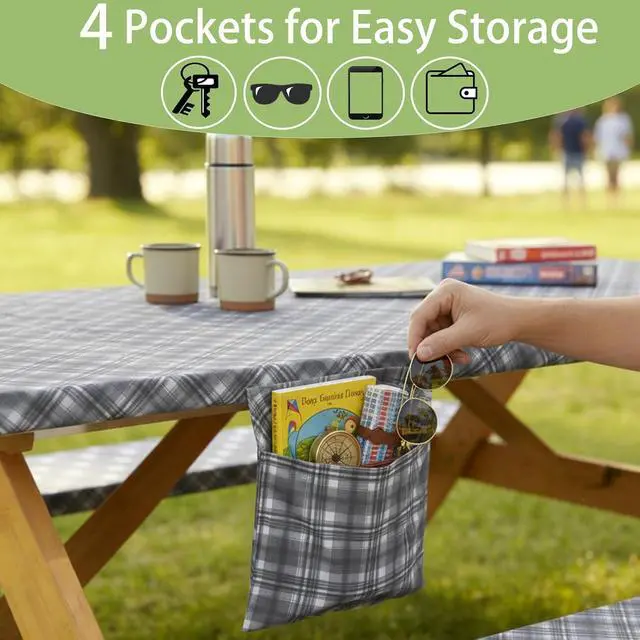 Alt view image 7 of 7 - Fitted Waterproof Picnic Table Cover with Bench Covers Heavy Duty Elastic Outdoor Camping Tablecloth for 6 Foot Rectangle Tables Summer Rv Accessories Patio Garden Road Trip Essentials Gifts