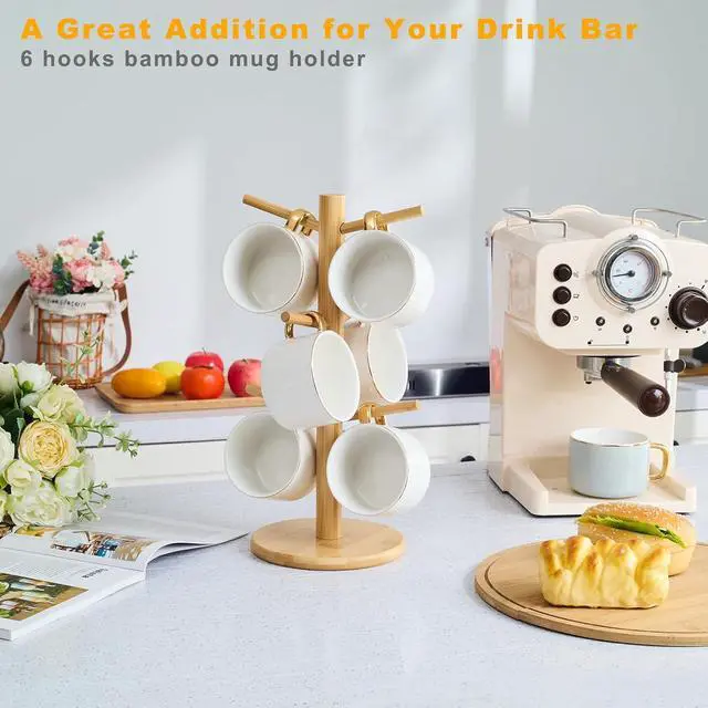 Alt view image 2 of 7 - Bamboo Mug Tree for Counter, 6 Hooks Detachable Coffee Mug Holder, Decorative Mug Racks for Coffee Bar Organizer